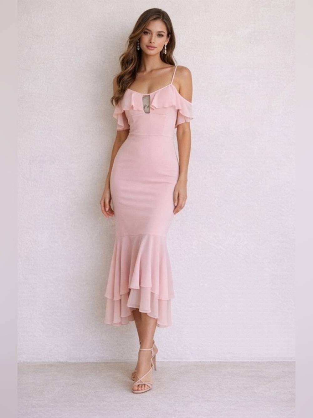Aidan Aidan Mattix Off Shoulder Ruffled Midi Length Blush Pink Dress Size 2